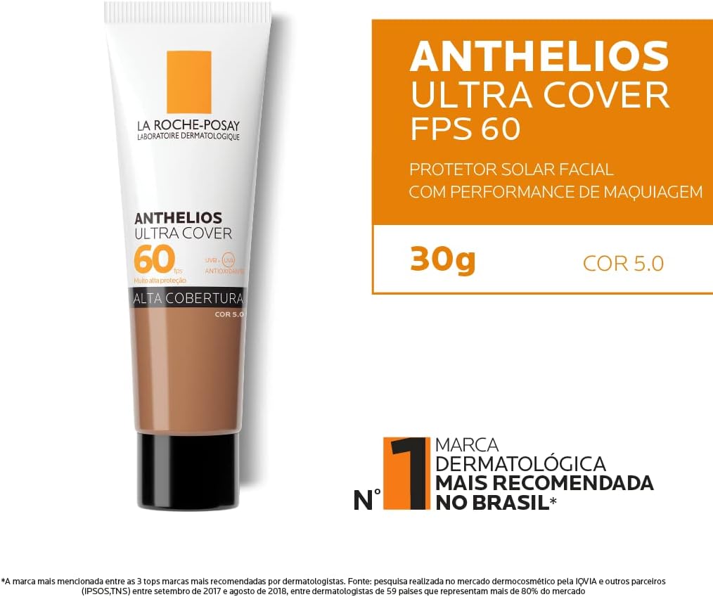 La Roche-Posay, Ultra Cover, Protetor Solar com Cor e Performance de Maquiagem, 12h de cobertura de base em uma única camada, Textura Fluida, Oil free, Toque Seco, FPS60, 30g