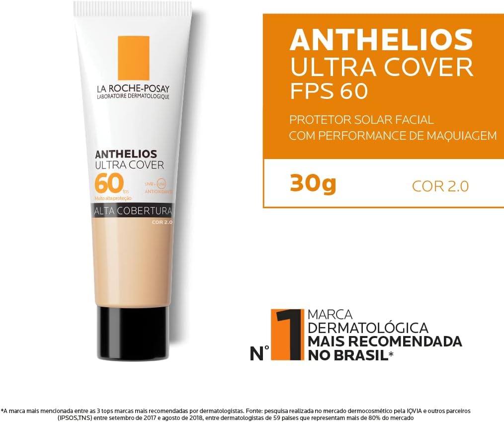 La Roche-Posay, Ultra Cover, Protetor Solar com Cor e Performance de Maquiagem, 12h de cobertura de base em uma única camada, Textura Fluida, Oil free, Toque Seco, FPS60, 30g