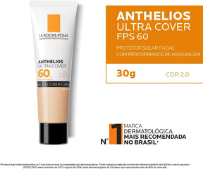 La Roche-Posay, Ultra Cover, Protetor Solar com Cor e Performance de Maquiagem, 12h de cobertura de base em uma única camada, Textura Fluida, Oil free, Toque Seco, FPS60, 30g