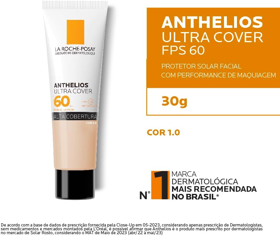 La Roche-Posay, Ultra Cover, Protetor Solar com Cor e Performance de Maquiagem, 12h de cobertura de base em uma única camada, Textura Fluida, Oil free, Toque Seco, FPS60, 30g