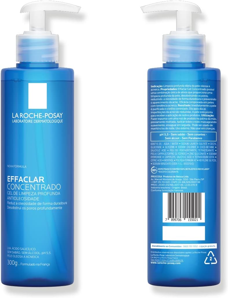 La Roche-posay Effaclar Gel Concentrado - Gel de Limpeza Facial, Limpa a Pele Profundamente Reduzindo a Oleosidade e Lesões Acneica, Limpeza Facial, Pele Oleosa, Ácido Salicílico, 300g