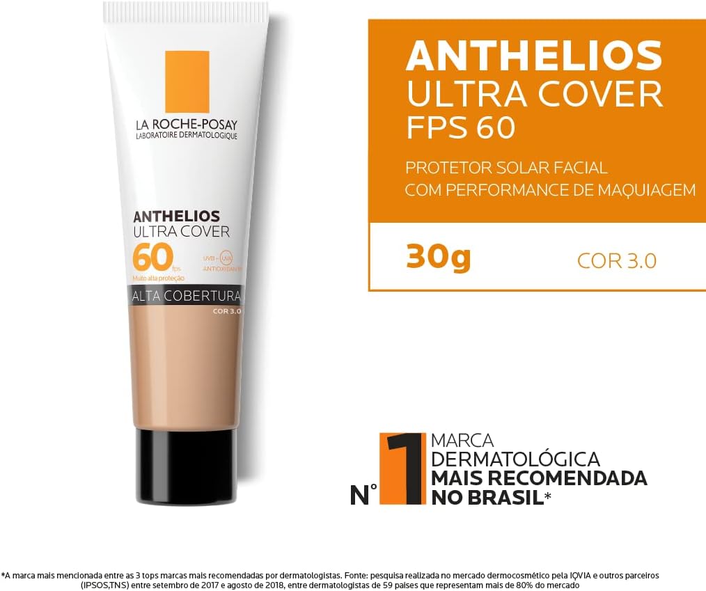 La Roche-Posay, Ultra Cover, Protetor Solar com Cor e Performance de Maquiagem, 12h de cobertura de base em uma única camada, Textura Fluida, Oil free, Toque Seco, FPS60, 30g