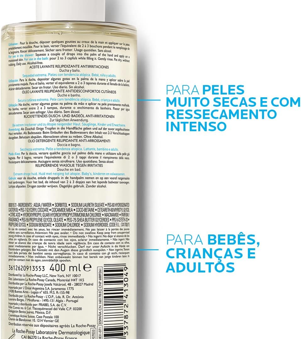 La Roche-Posay, Lipikar Cleansing Oil AP+ 400ml, Oléo hidratante para o banho, Reduz crises de ressecamento intenso, Fórmula Hipoalergênica