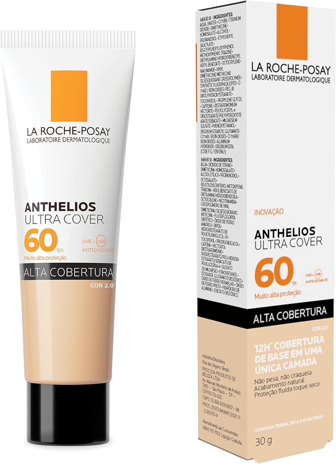 La Roche-Posay, Ultra Cover, Protetor Solar com Cor e Performance de Maquiagem, 12h de cobertura de base em uma única camada, Textura Fluida, Oil free, Toque Seco, FPS60, 30g