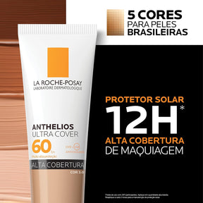 La Roche-Posay, Ultra Cover, Protetor Solar com Cor e Performance de Maquiagem, 12h de cobertura de base em uma única camada, Textura Fluida, Oil free, Toque Seco, FPS60, 30g