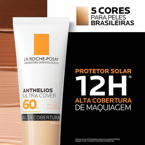 La Roche-Posay, Ultra Cover, Protetor Solar com Cor e Performance de Maquiagem, 12h de cobertura de base em uma única camada, Textura Fluida, Oil free, Toque Seco, FPS60, 30g